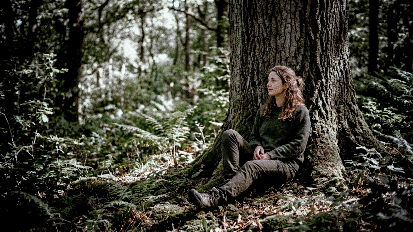 Frau sitzt konzentriert auf ihrem Sitzplatz in der Natur