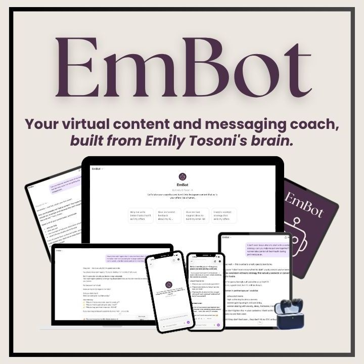 Testimonials from women entrepreneurs using EmBot, the AI content and messaging coaching tool built by Emily Tosoni, Instagram and business growth coach, to help women create content that sounds like them and converts.
