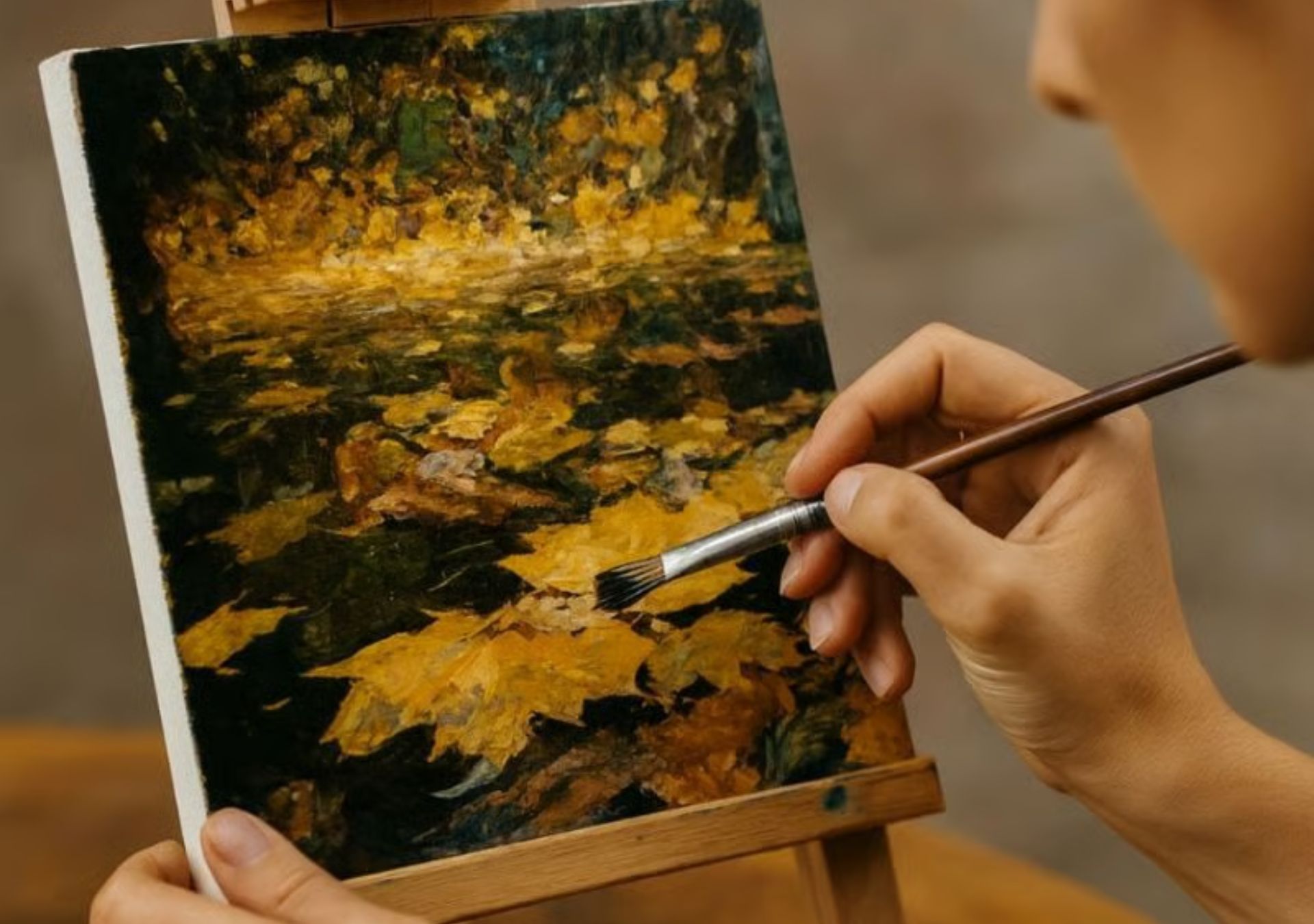 A hand working a landscape in oils on a small easel, from the Chateau Art and Photography Workshop in the Loire Valley