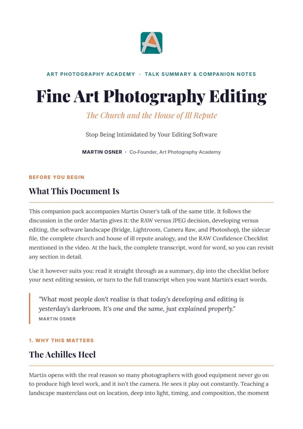 Cover of the free Art Photography Academy guide, Fine Art Photography Editing: The Church and the House of Ill Repute, by Martin Osner