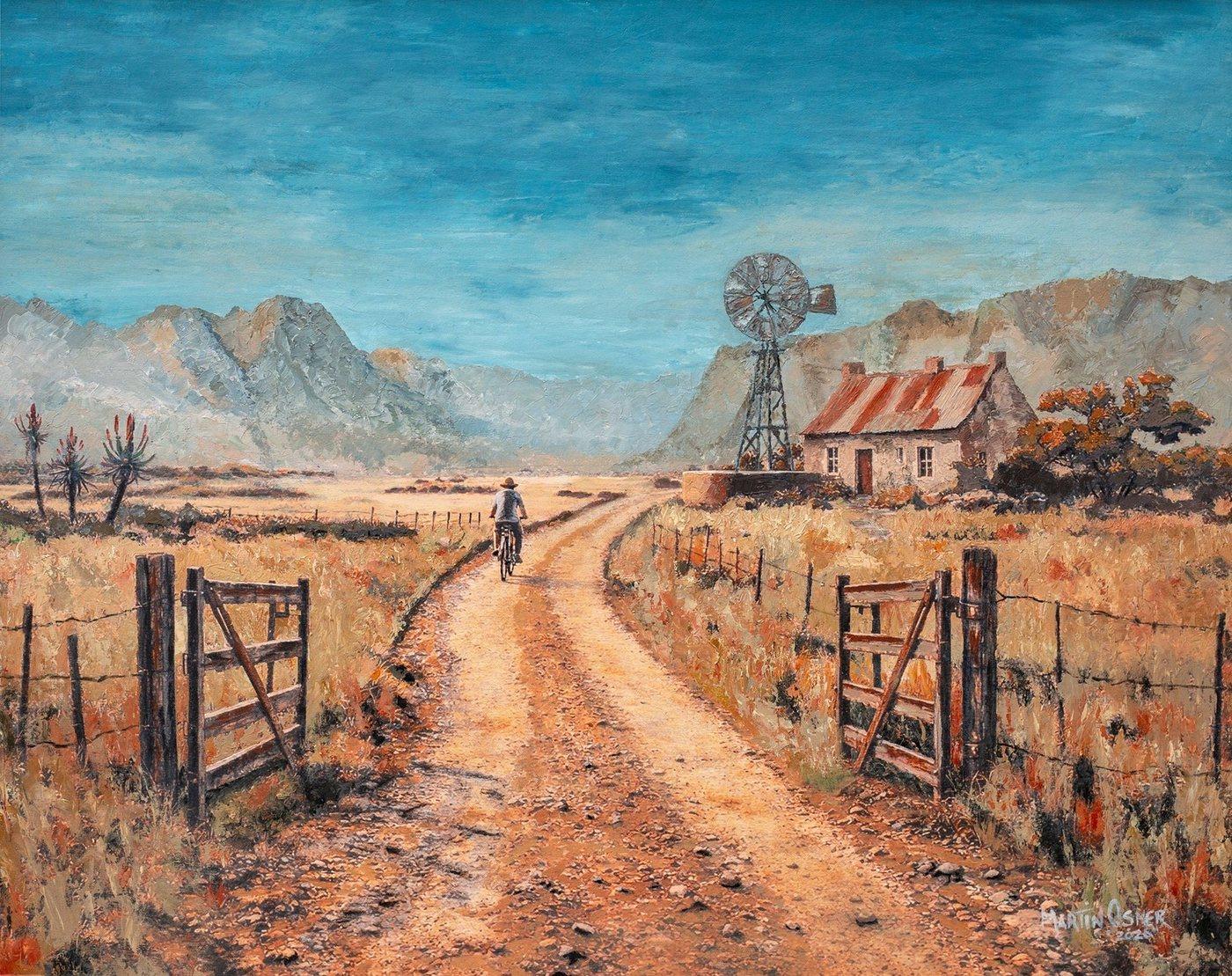 Fields of Gold, a painting by Martin Osner of a dirt road and farmhouse near Montagu