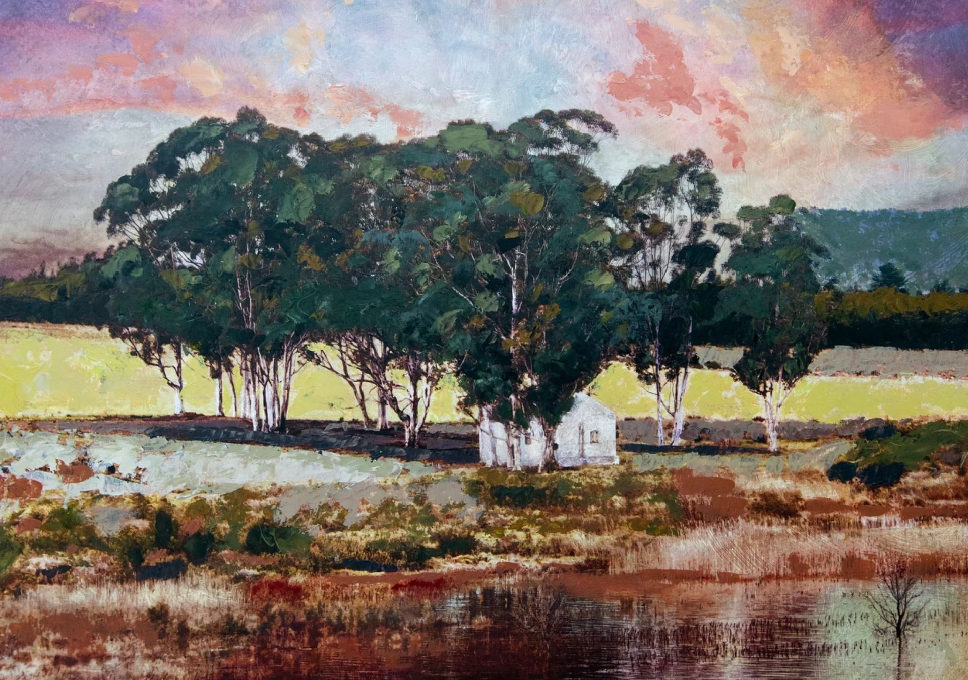 A painted landscape of trees and fields, from the Art of Painting Breakaway workshop in Napier