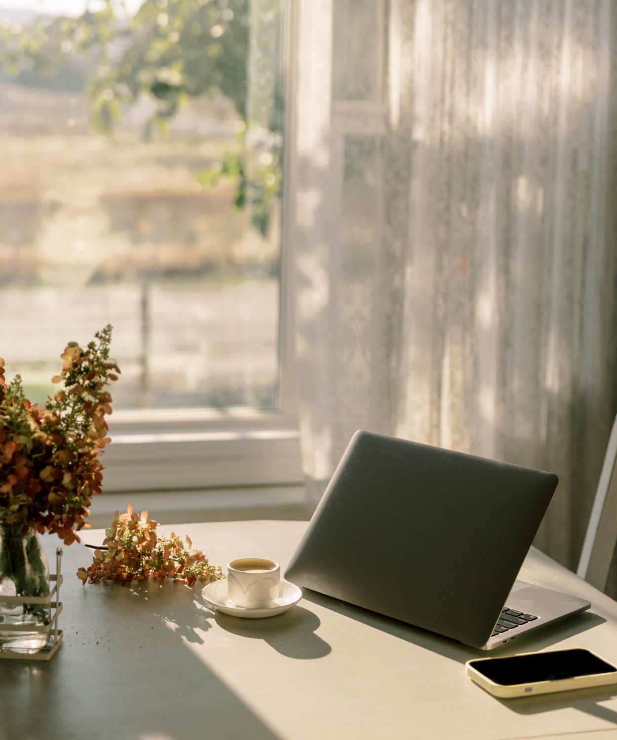 A laptop and coffee on a table by a sunlit window looking out over a field