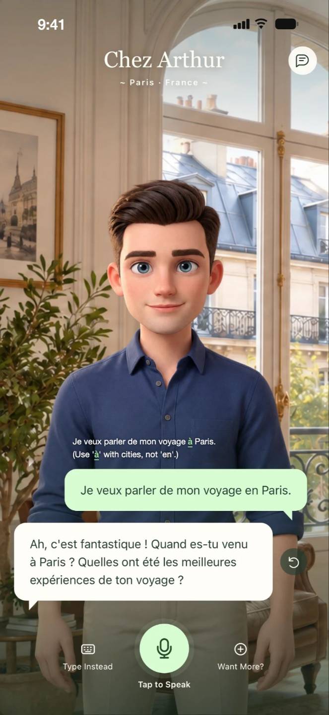 Arthur app: you say you want to talk about your trip "en Paris", the app corrects it to "à Paris", and Arthur asks when you came and what the highlights were