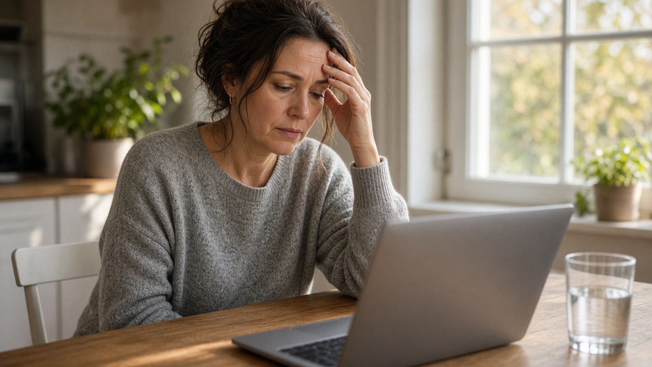 Tired woman in a grey jumper rubbing her temple at a kitchen table with a laptop and a glass of water