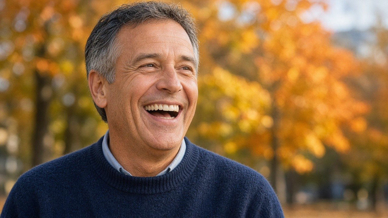 Laughing grey haired man in a navy jumper with healthy glowing skin in front of golden autumn trees