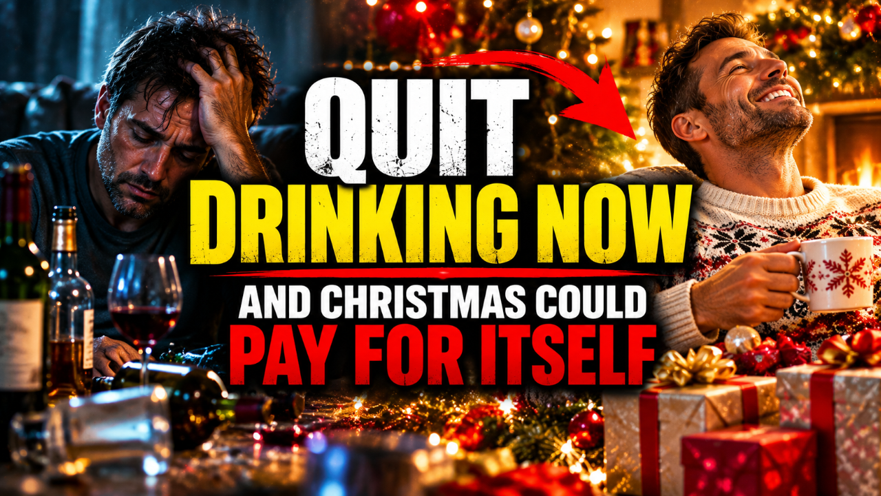 Grey bearded man in a cream jumper wrapping presents in kraft paper by a glowing fireplace and Christmas tree with hot chocolate