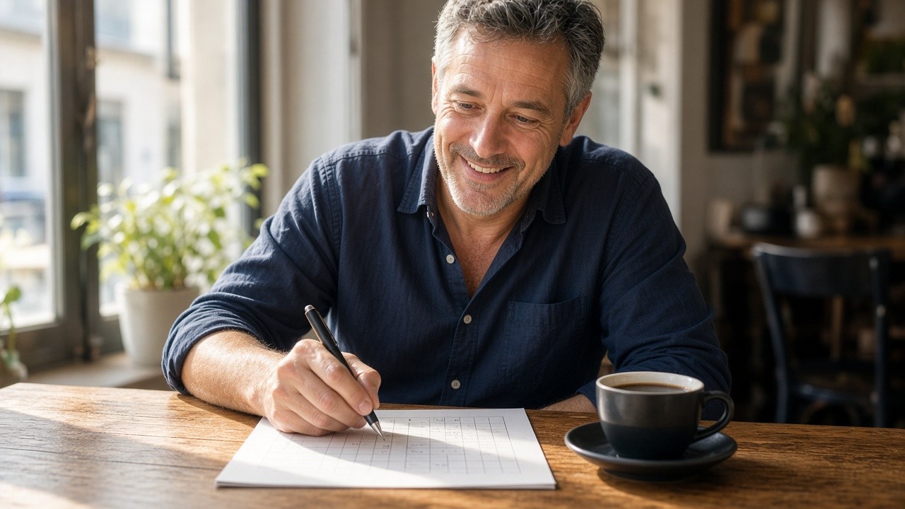 Smiling grey haired man solving a crossword with a pen beside a cup of black coffee in a sunny cafe