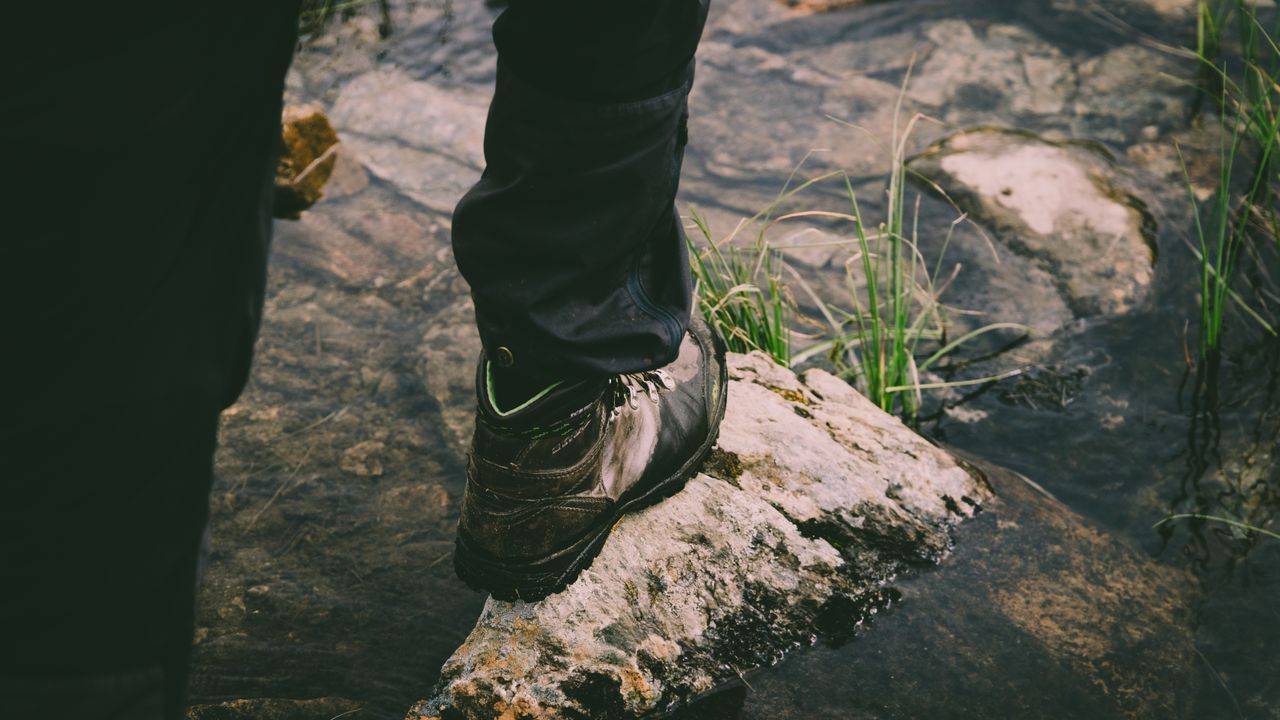 Hiking boot stepping onto a mossy rock in a shallow forest stream