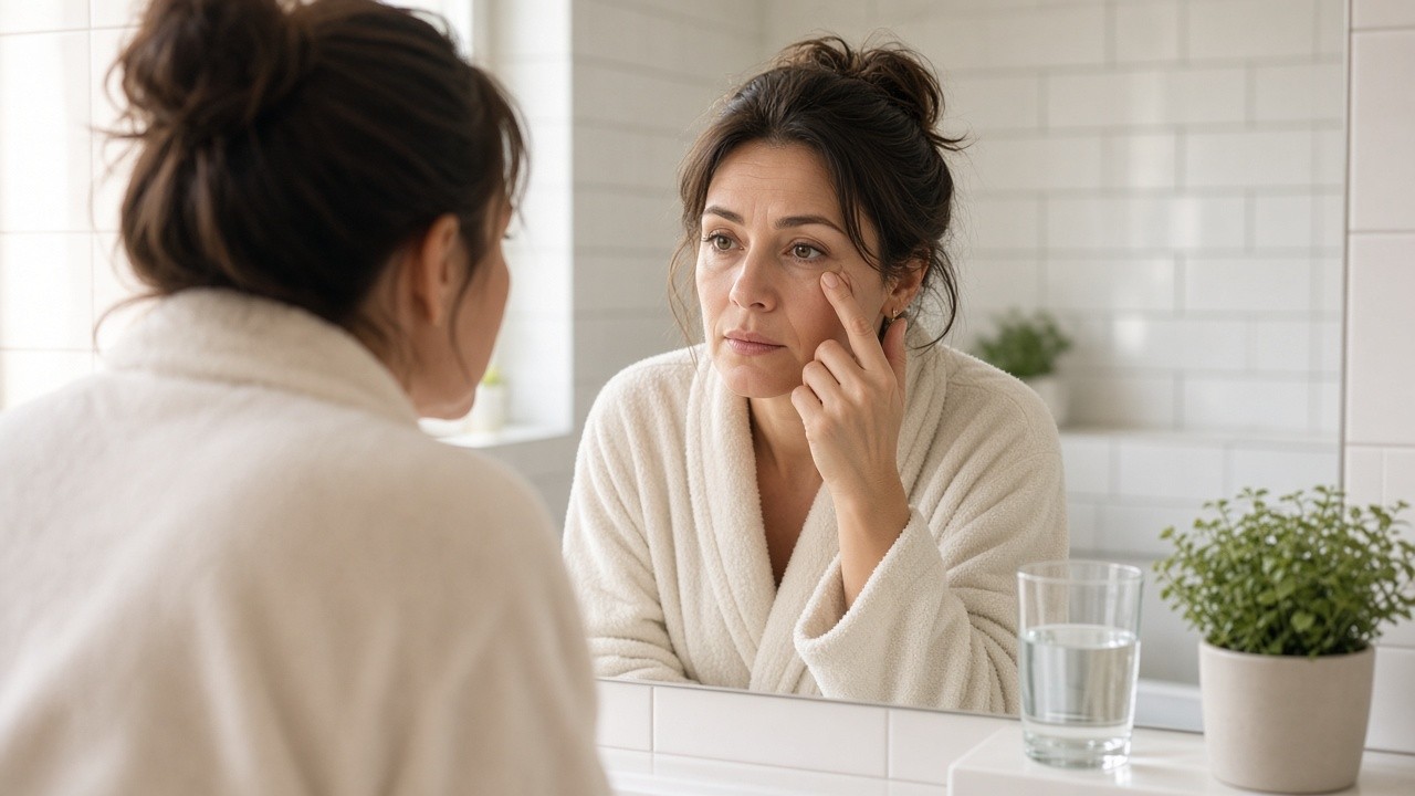 Woman in a cream bathrobe checking the puffy skin under her eye in a bright white bathroom mirror