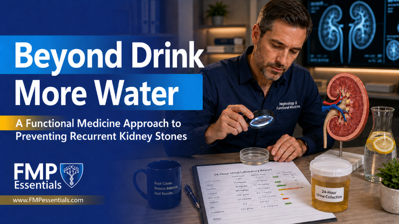 Functional medicine practitioner examines a kidney stone beside a 24-hour urine collection, laboratory report, and anatomical kidney model.