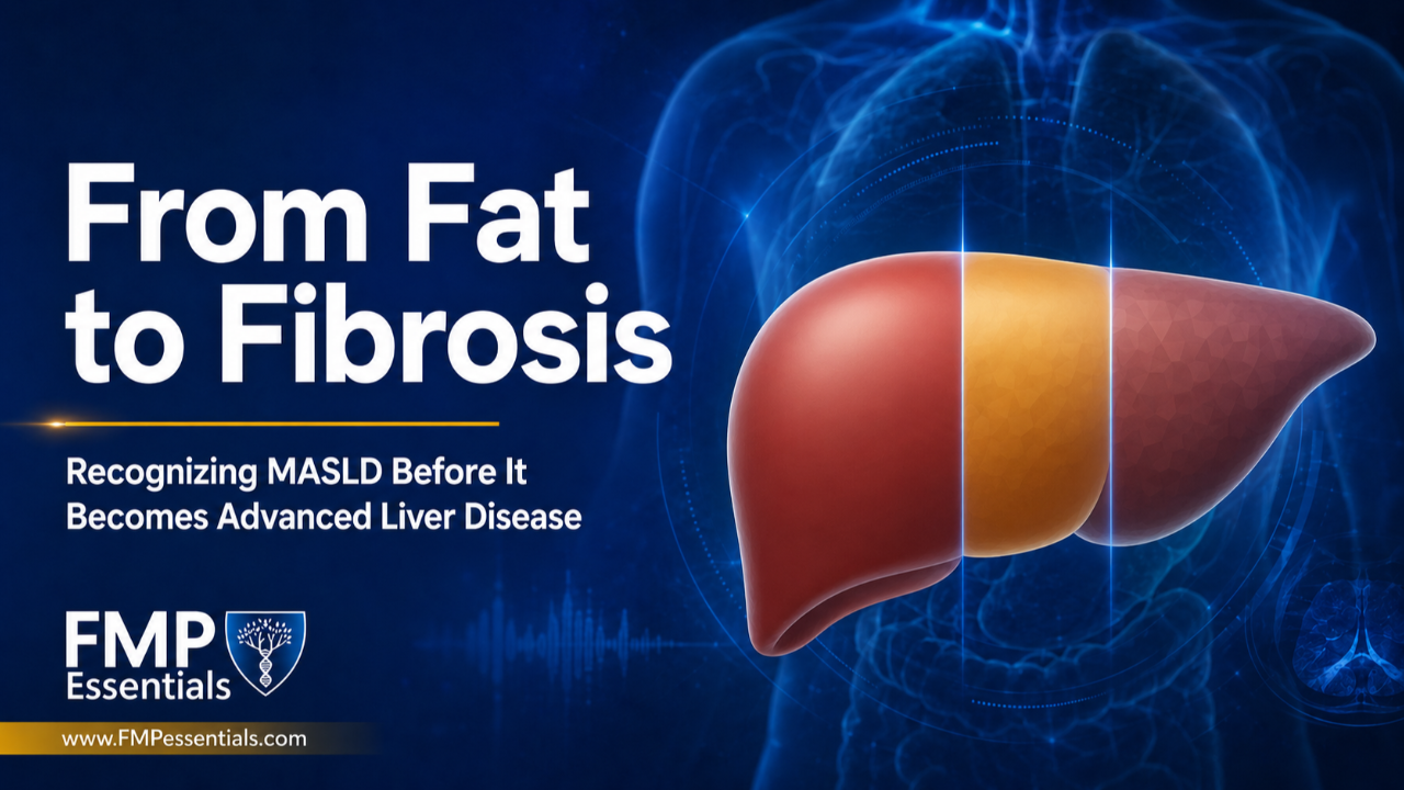 Illustration showing the progression from a healthy liver to fatty liver and fibrosis for an FMP Essentials article on MASLD.