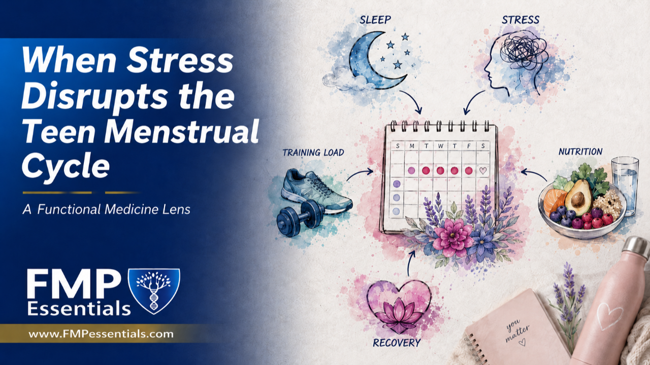 Infographic titled “When Stress Disrupts the Teen Menstrual Cycle,” showing sleep, stress, nutrition, training load, and recovery influencing a menstrual cycle calendar.