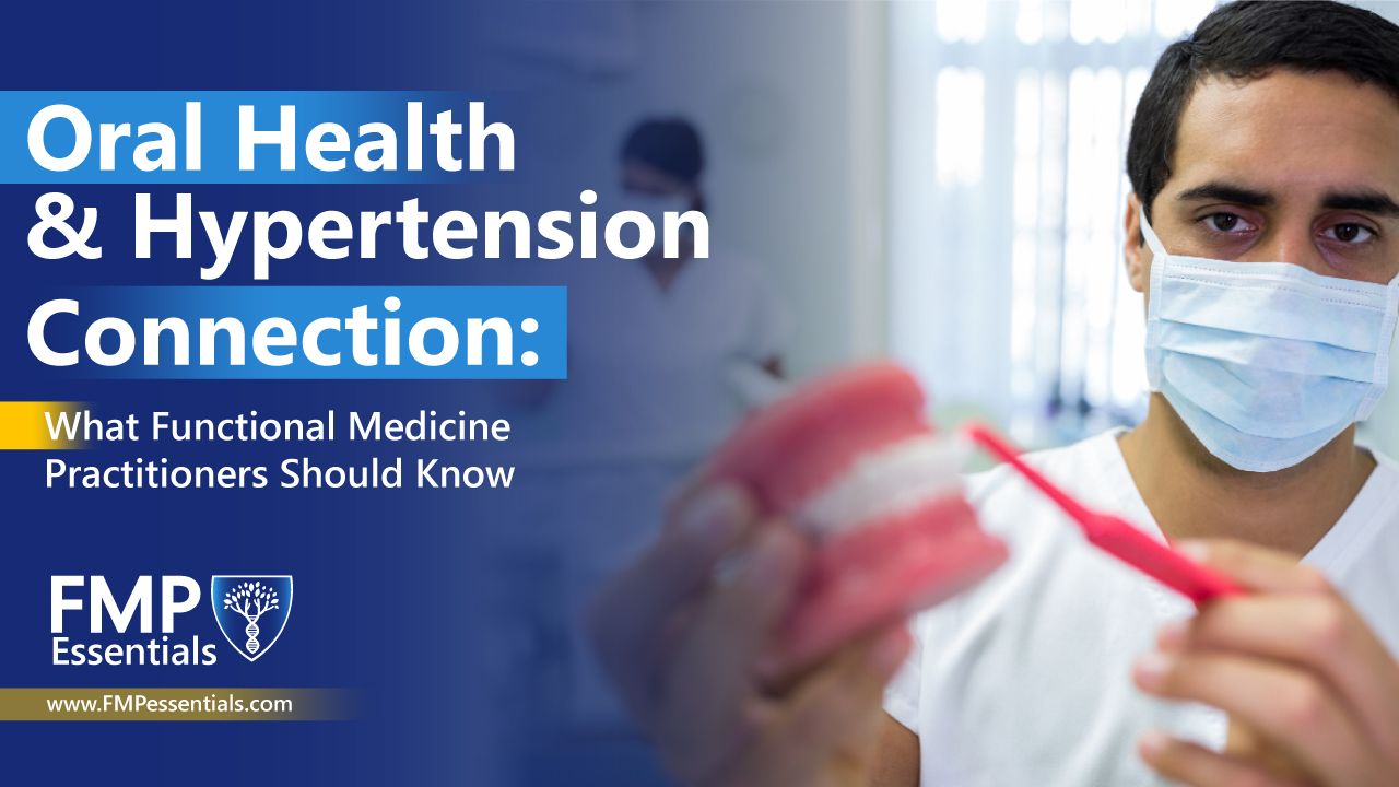 Flat illustration on a light blue background with a large white tooth on the left connected by a line to a red heart on the right, which has a small blood pressure gauge overlay. Text at the top reads “Oral Health and Hypertension.”