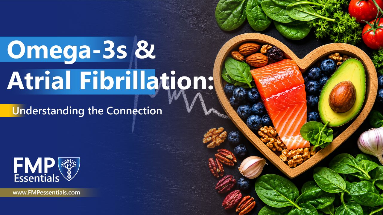 Minimalist illustration showing three icons—a fish, golden fish oil capsules, and a red heart with an ECG line—symbolizing omega-3s and heart health.