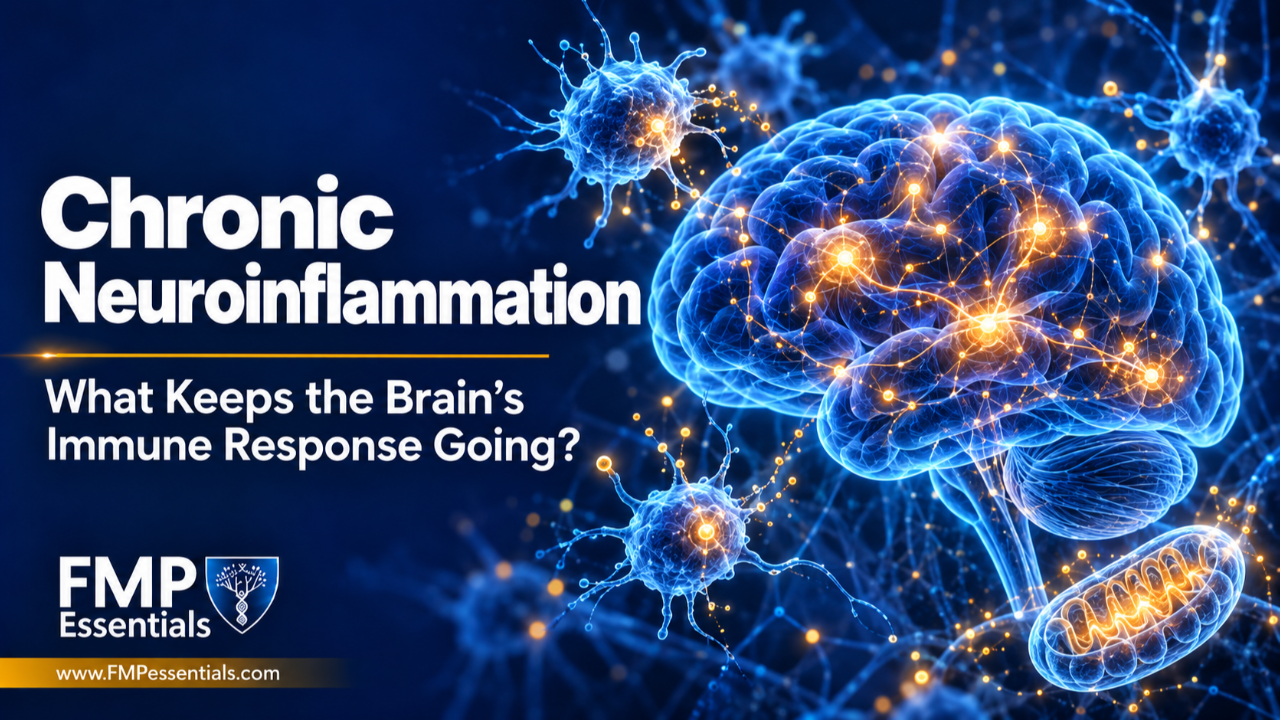 Blue brain illustration surrounded by immune cells and a mitochondrion, with the title “Chronic Neuroinflammation: What Keeps the Brain’s Immune Response Going?” and FMP Essentials branding.