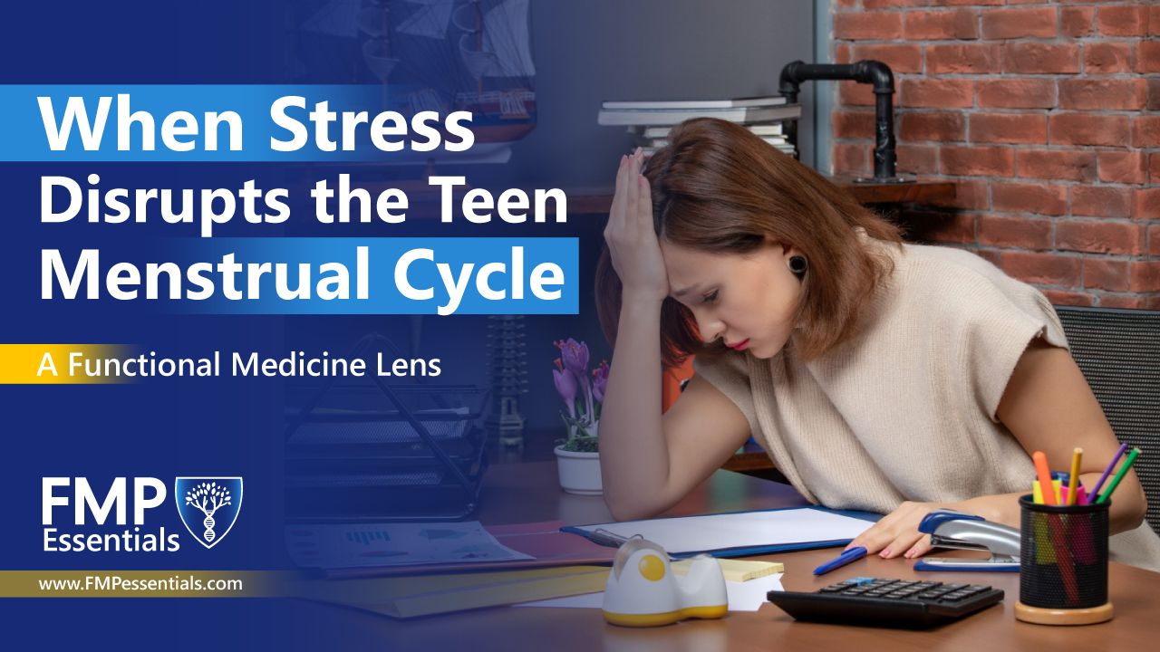 Infographic titled “When Stress Disrupts the Teen Menstrual Cycle,” showing sleep, stress, nutrition, training load, and recovery influencing a menstrual cycle calendar.