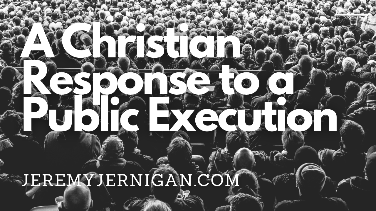 Black-and-white photo of a packed stadium crowd seen from behind, with the title "A Christian Response to a Public Execution" overlaid