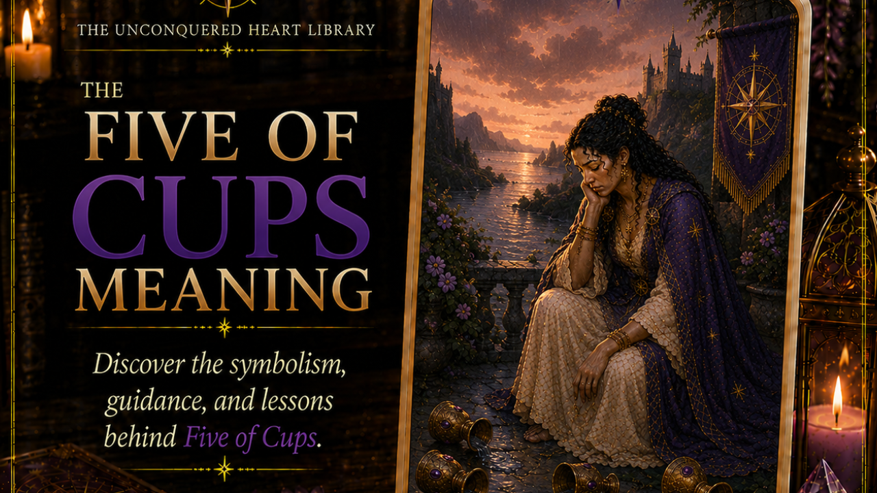 Five of Cups Tarot Card Meaning featuring the card from the Unconquered Heart Tarot. Card is fully described in the article.