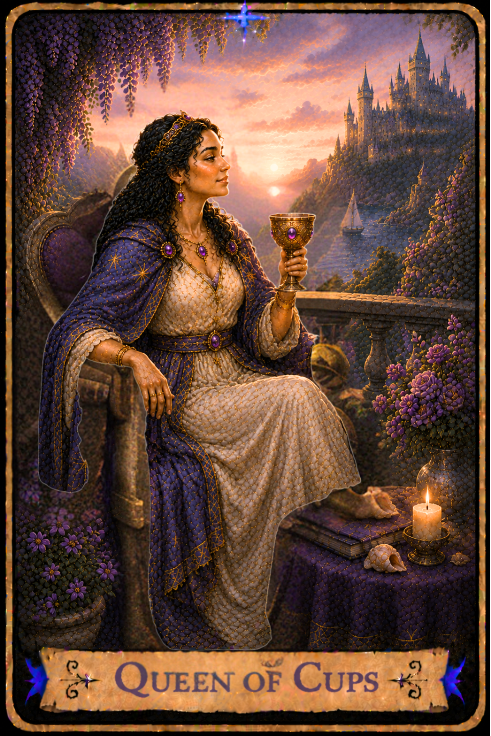 Queen of Cups Tarot Card featuring the card from the Unconquered Heart Tarot. Follow this link for the full card description and meaning.