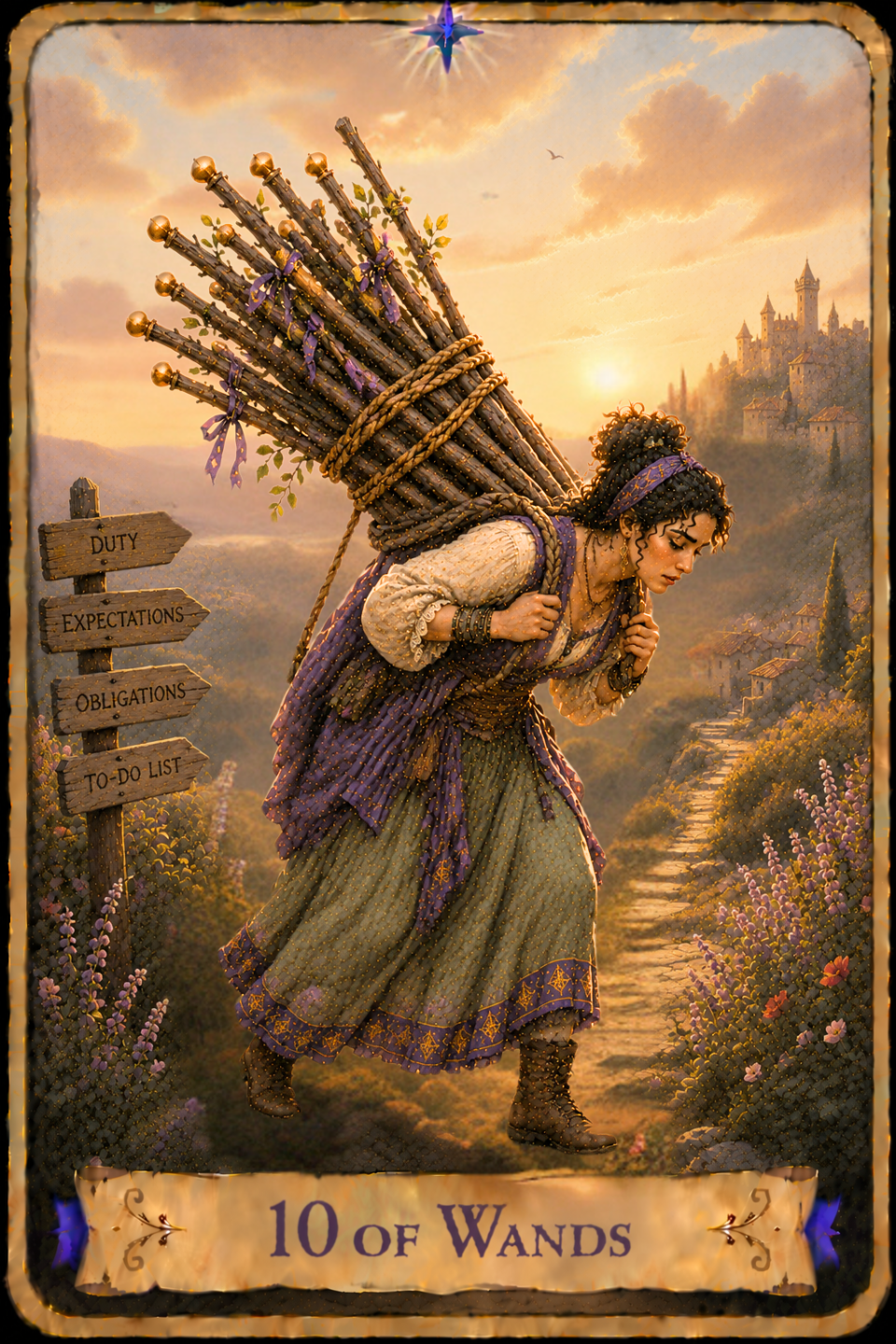 10 of Wands Tarot card showing a woman with long curly dark hair walking along a winding stone path beneath a warm golden afternoon sky while carrying a heavy bundle of ten wooden wands tied together with thick rope across her shoulders and back. She wears a cream-colored gown beneath a purple embroidered cloak and leans forward beneath the weight of the bundle, gripping the ropes with both hands. Several of the wands are decorated with purple ribbons, fresh green leaves, and rounded golden caps. A weathered wooden signpost beside the path points in four directions labeled Duty, Expectations, Obligations, and To-Do List. Purple wildflowers line the path leading toward a hilltop castle overlooking a village in the distance, while the late afternoon sun casts a warm glow across the landscape.