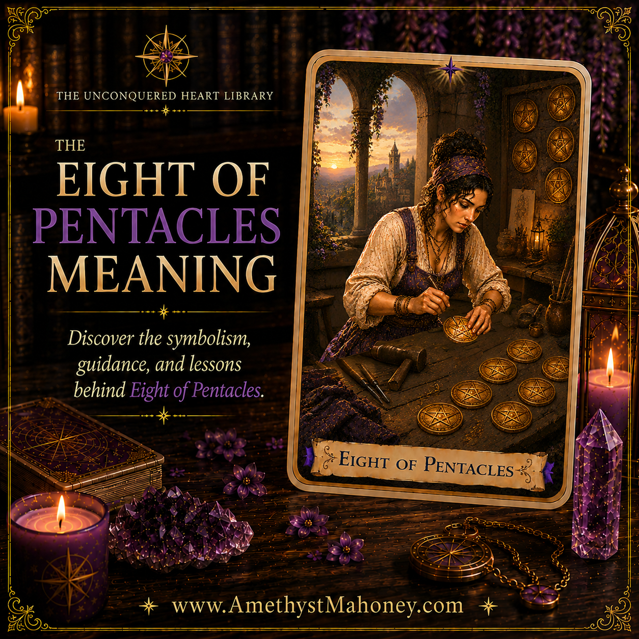The Eight of Pentacles Tarot Card Meaning featuring The Eight of Pentacles from The Unconquered Heart Tarot. Follow this image to read the article, including a full description of the card.
