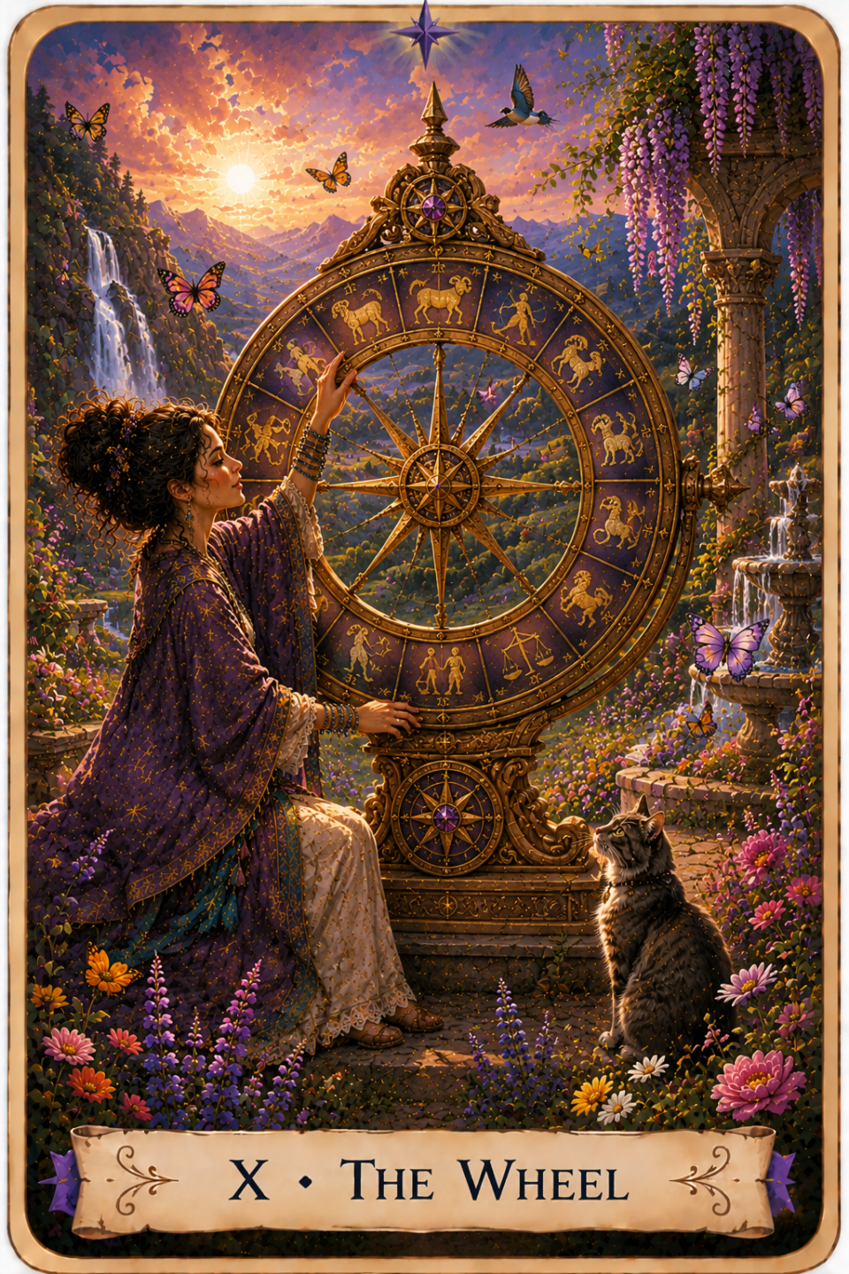 The Wheel from The Unconquered Heart Tarot depicts a woman seated beside a large ornate wheel divided into sections decorated with zodiac figures and symbols. She reaches one hand toward the upper edge of the wheel and rests the other near its lower edge. She wears flowing purple, blue, and white clothing with gold details. A gray cat sits beside the wheel looking upward. The surrounding garden is filled with colorful flowers, butterflies, a fountain, and hanging purple blossoms. Mountains, a waterfall, and a bright sun appear in the distance.