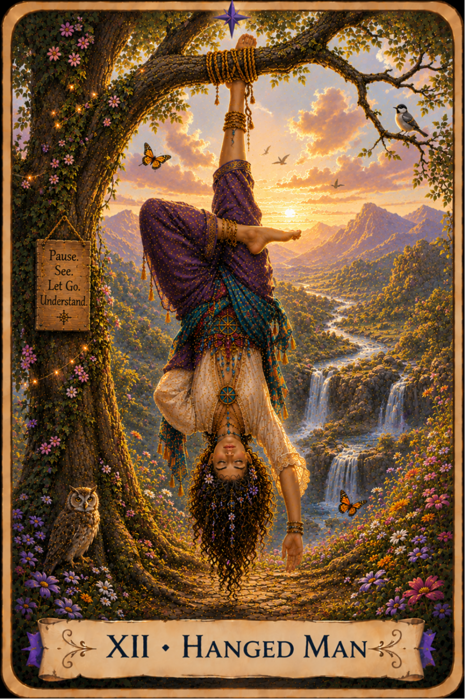 The Hanged Man from The Unconquered Heart Tarot depicts a woman hanging upside down from a large tree branch by one ankle. She wears flowing purple, blue, and white clothing with gold details. One leg is bent across the other, and one arm hangs toward the ground. Her eyes are closed. A wooden sign attached to the tree reads, “Pause. See. Let Go. Understand.” An owl sits at the base of the tree, while butterflies and birds appear around her. Mountains, a winding river, waterfalls, colorful flowers, and a glowing sunset fill the background.
