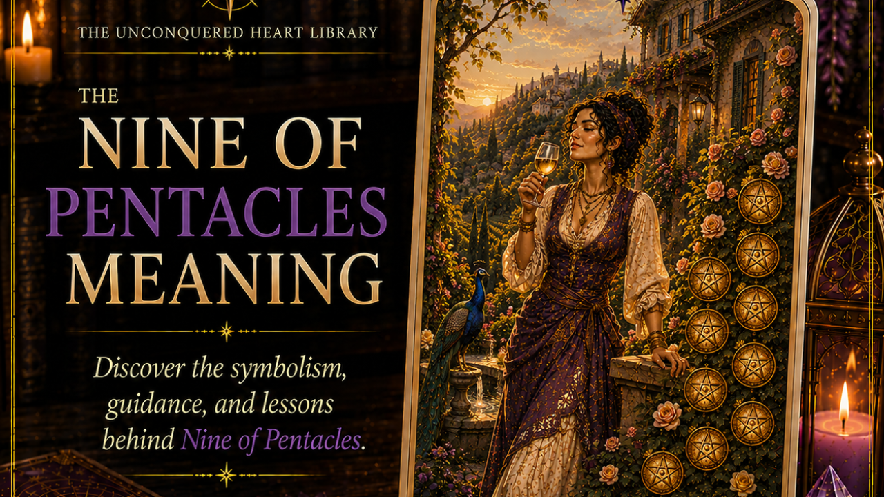 Nine of Pentacles Tarot Card Meaning featuring the card from the Unconquered Heart Tarot. Card is fully described in the article.