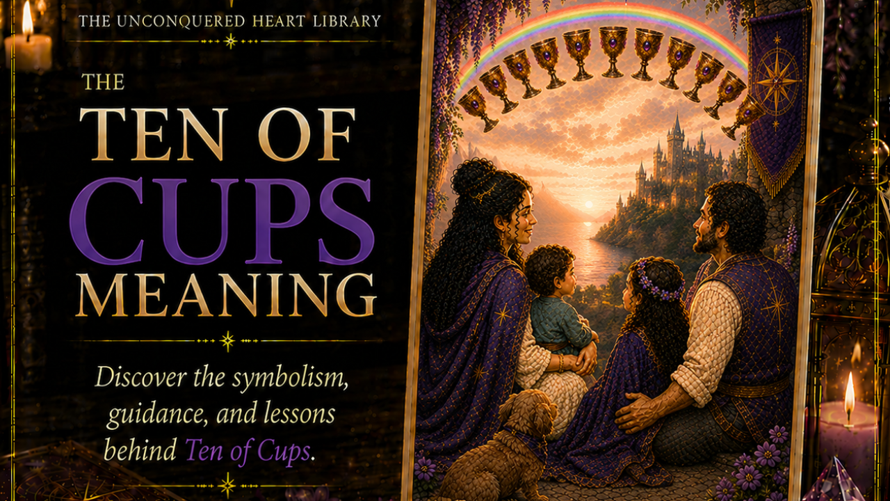 Ten of Cups Tarot Card Meaning featuring the card from the Unconquered Heart Tarot. Card is fully described in the article.