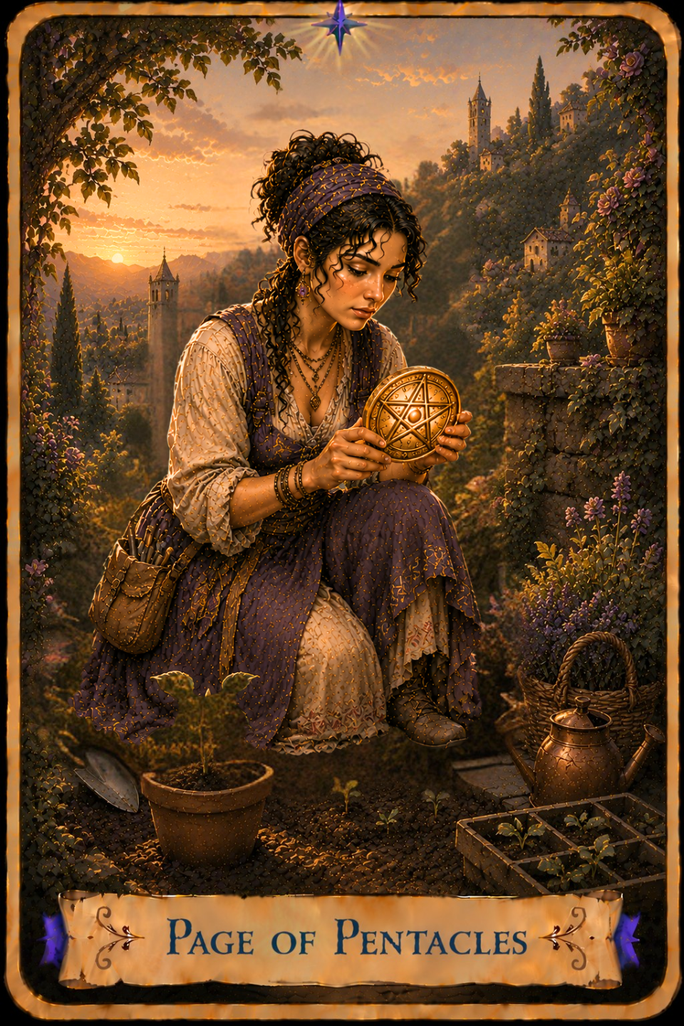 Page of Pentacles Tarot card showing a young woman with curly dark hair gathered beneath a purple headscarf, wearing a cream-colored dress beneath a flowing purple overdress as she kneels in a garden. She holds a large golden pentacle in both hands, tilting it toward the light as she studies its surface. A small potted plant with broad green leaves grows in the soil beside her, while several young seedlings sprout from neat garden rows nearby. A metal watering can, a woven basket, a hand trowel, and seed trays rest around the garden bed. Stone steps lead upward beside a flower-filled stone wall, with purple blossoms growing along the edge. Beyond the garden, rolling hills, village rooftops, church towers, and distant mountains stretch beneath a warm golden sunset sky.