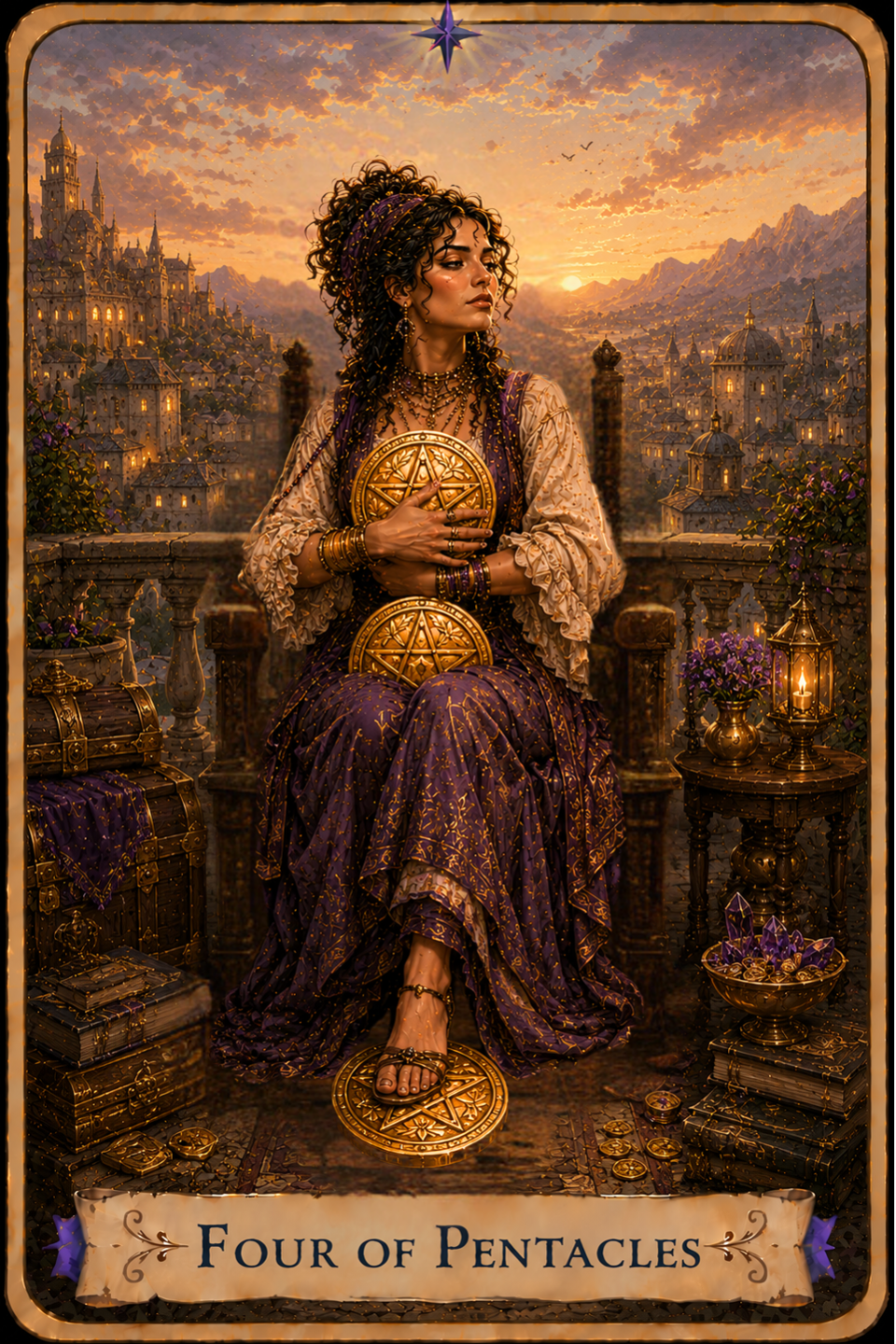 Four of Pentacles Tarot card showing a woman seated on an ornate wooden chair overlooking a sprawling city at sunrise, holding two large golden pentacles tightly against her chest. A third pentacle rests beneath one sandaled foot. She wears flowing cream sleeves beneath a rich purple gown adorned with gold accents and jewelry. Treasure chests, books, a glowing lantern, purple crystals, and scattered gold coins surround her as the warm sky illuminates a city that can be seen sprawling behind her.