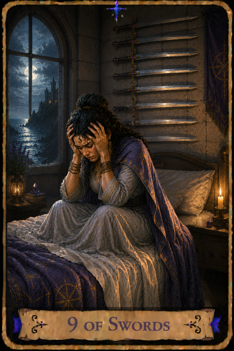 Nine of Swords Tarot card showing a woman with long curly dark hair wearing a gray dress and a flowing purple cloak as she sits on the edge of a bed with her head hanging down and both hands pressed against the sides of her head, elbows resting on her knees. Nine swords are mounted horizontally on the stone wall above the bed. Moonlight shines through a tall arched window overlooking the sea, rocky cliffs, and a castle in the distance beneath a full moon and cloud-filled sky. A lantern, purple crystal, and small stack of books rest on a table beside the window, while a lit candle glows on the bedside table. A purple banner embroidered with a golden compass hangs on the wall, and a purple blanket decorated with golden compass designs is draped across the bed.