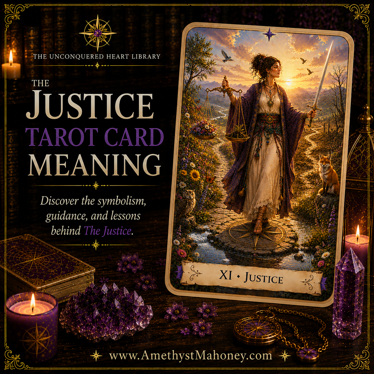 Justice Tarot Card Meaning, featuring Justice from The Unconquered Heart Tarot. Follow this image to read the article, including a full description of the card.
