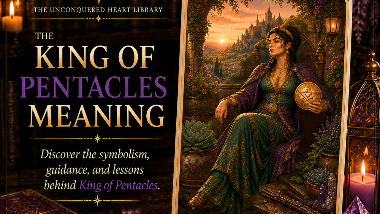King of Pentacles Tarot Card Meaning featuring the card from the Unconquered Heart Tarot. Card is fully described in the article.