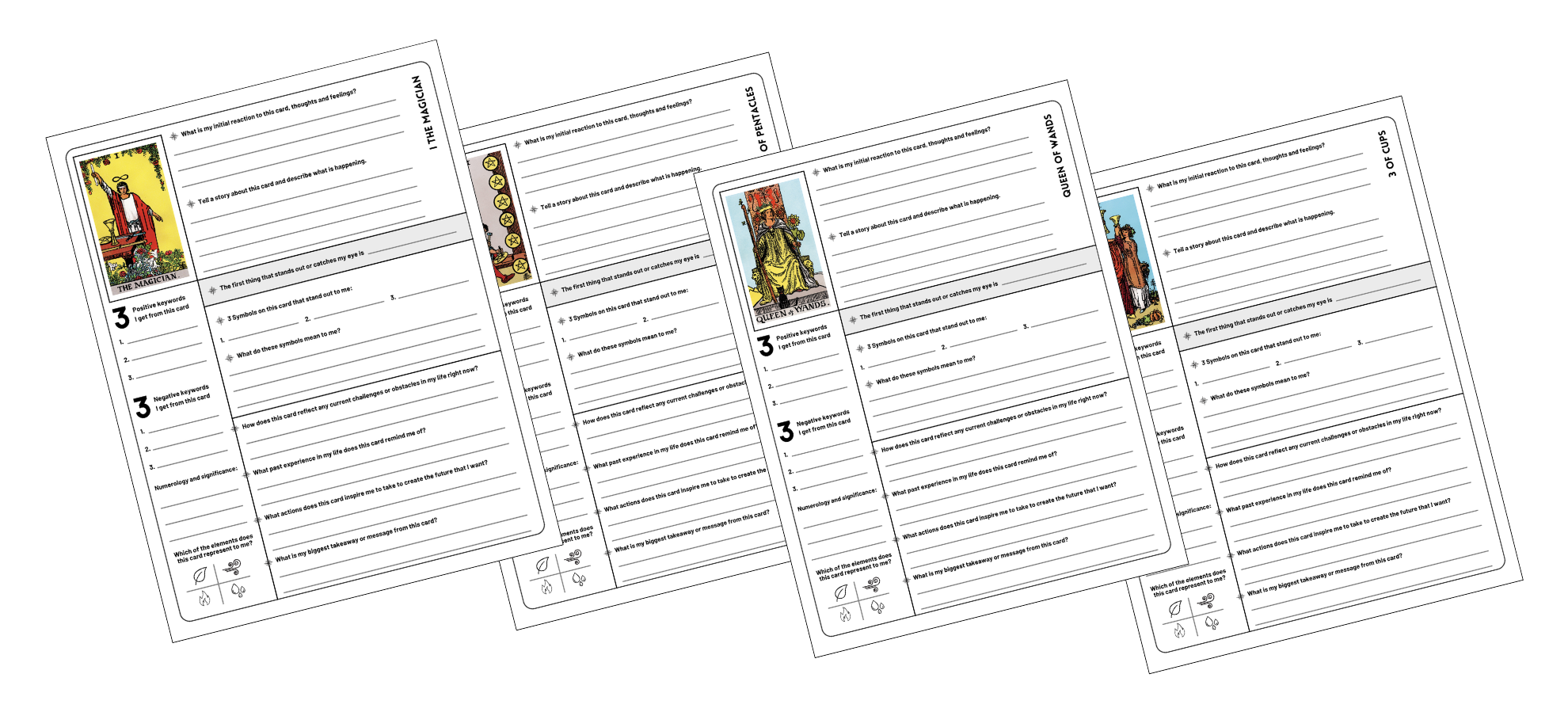Worksheets for the Magician, 8 of Pentacles, Queen of Wands, and 3 of Cups.