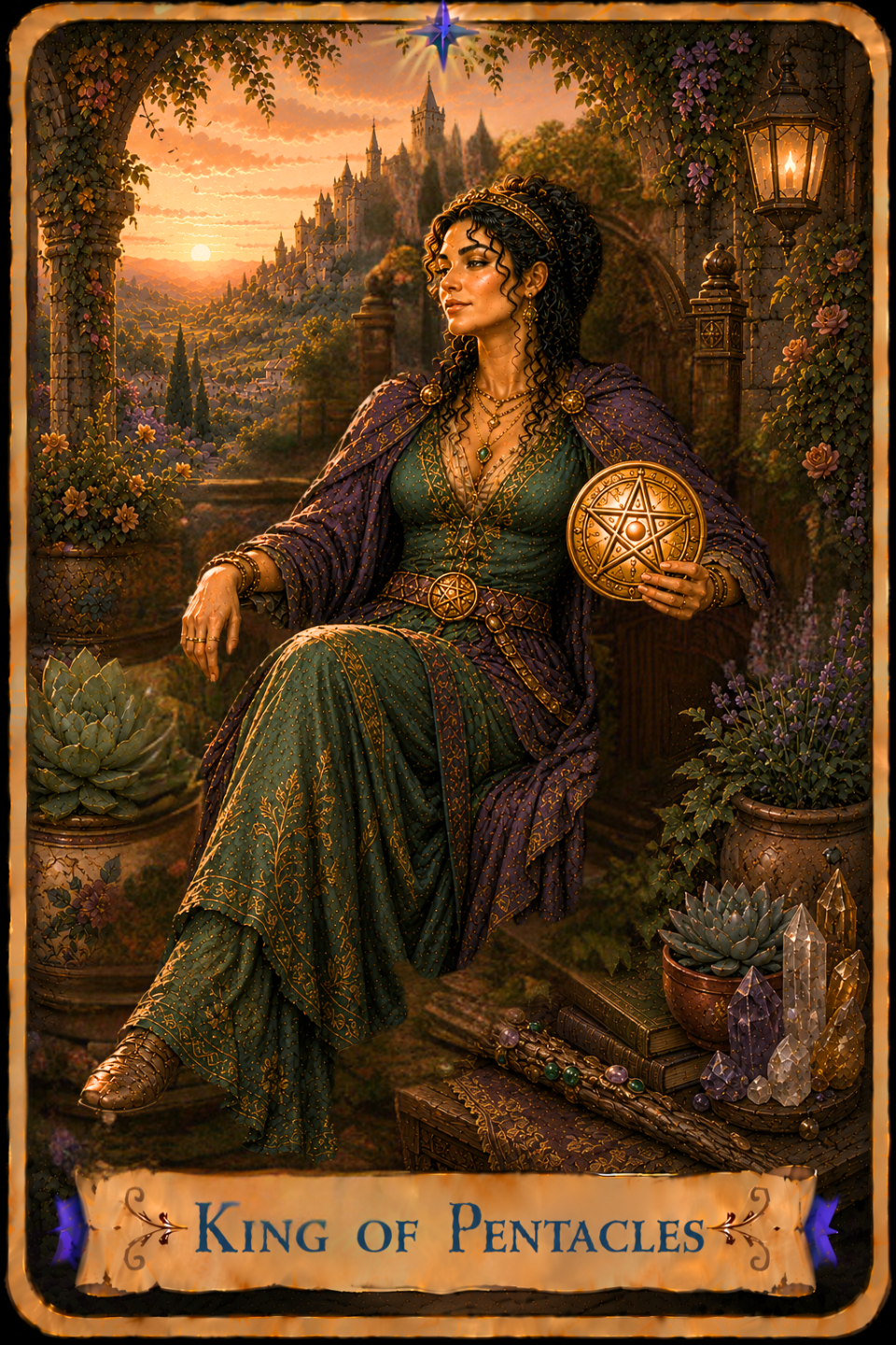 King of Pentacles Tarot card showing a woman with long curly dark hair wearing a green embroidered gown with flowing cream-colored sleeves and a purple cloak fastened at her shoulders as she sits on an ornate throne beneath a flowering garden arch. She holds a large golden pentacle in one hand while her other arm rests on the arm of the throne, looking out across the landscape. Potted succulents, flowering plants, stacked books, a large bowl filled with purple, clear, and golden crystal points, and a decorated walking staff rest beside her. A lantern hangs from the stone archway while flowering vines climb the stone walls around the garden. Beyond the garden, rolling hills, village rooftops, and a hilltop castle stretch into the distance beneath a warm golden sunrise sky.