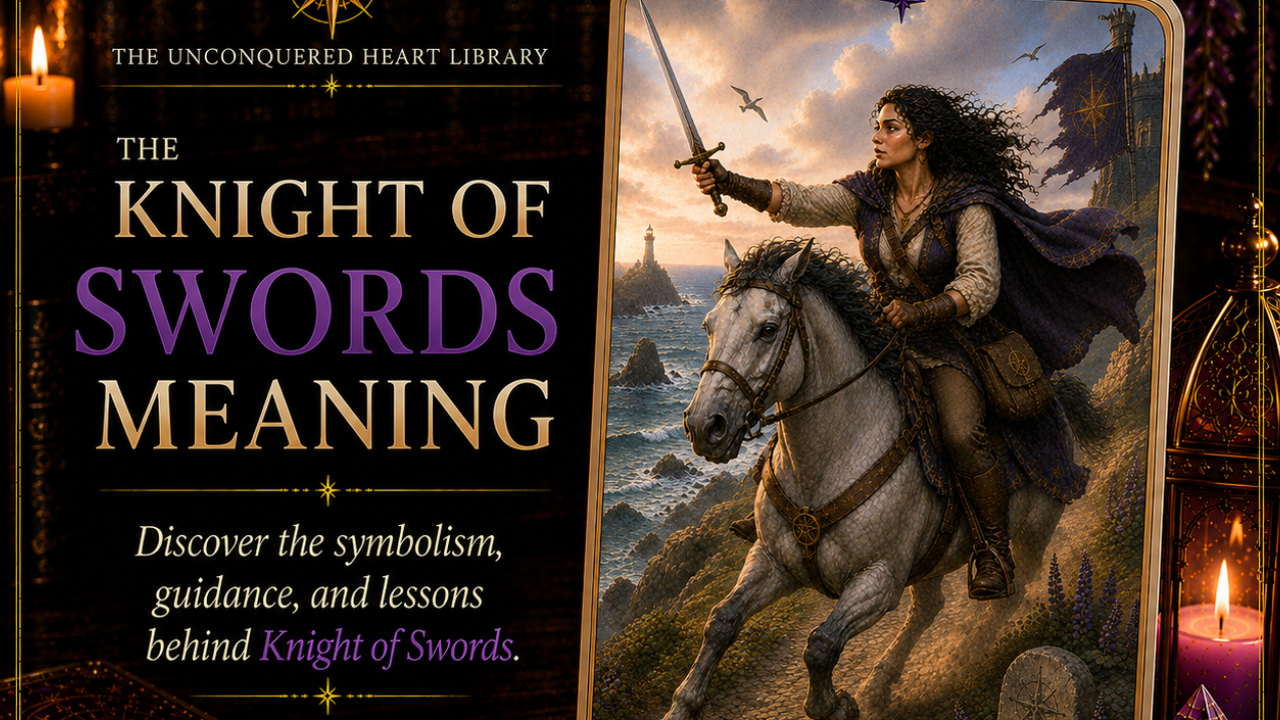 Knight of Swords Tarot Card Meaning featuring the card from the Unconquered Heart Tarot. Card is fully described in the article.