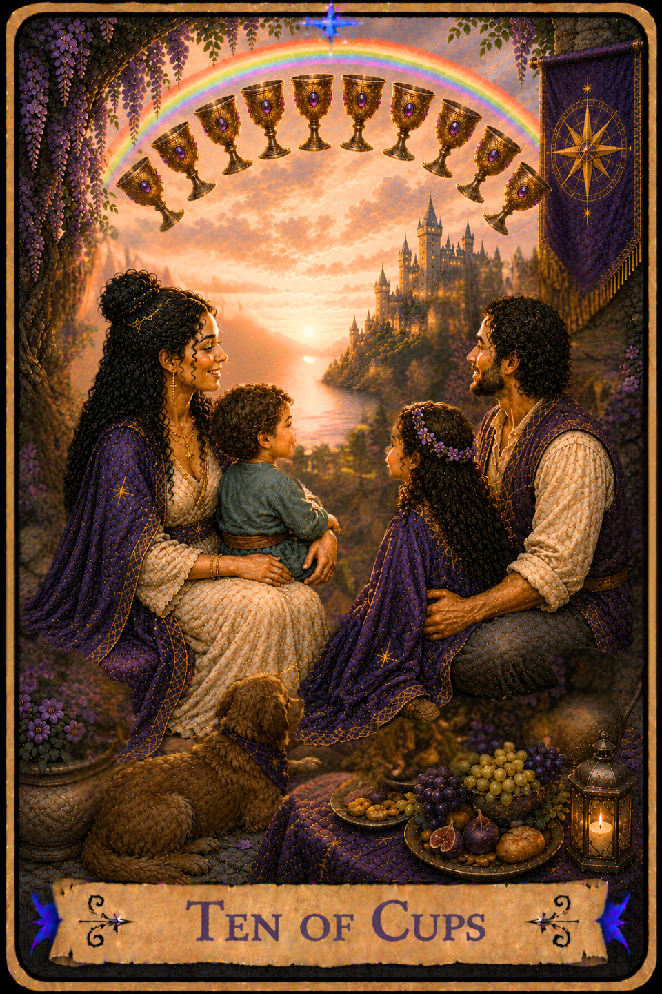 Ten of Cups Tarot Card featuring the card from the Unconquered Heart Tarot. Follow this link for the full card description and meaning.