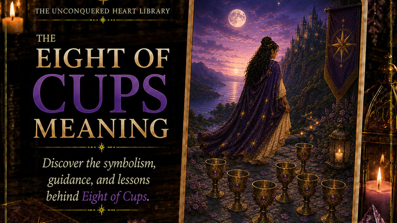 Eight of Cups Tarot Card Meaning featuring the card from the Unconquered Heart Tarot. Card is fully described in the article.