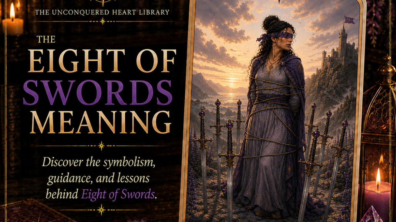 Eight of Swords Tarot Card Meaning featuring the card from the Unconquered Heart Tarot. Card is fully described in the article.