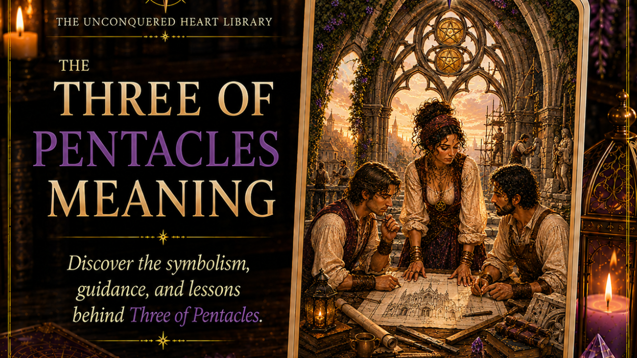 Three of Pentacles Tarot Card Meaning featuring the card from the Unconquered Heart Tarot. Card is fully described in the article.