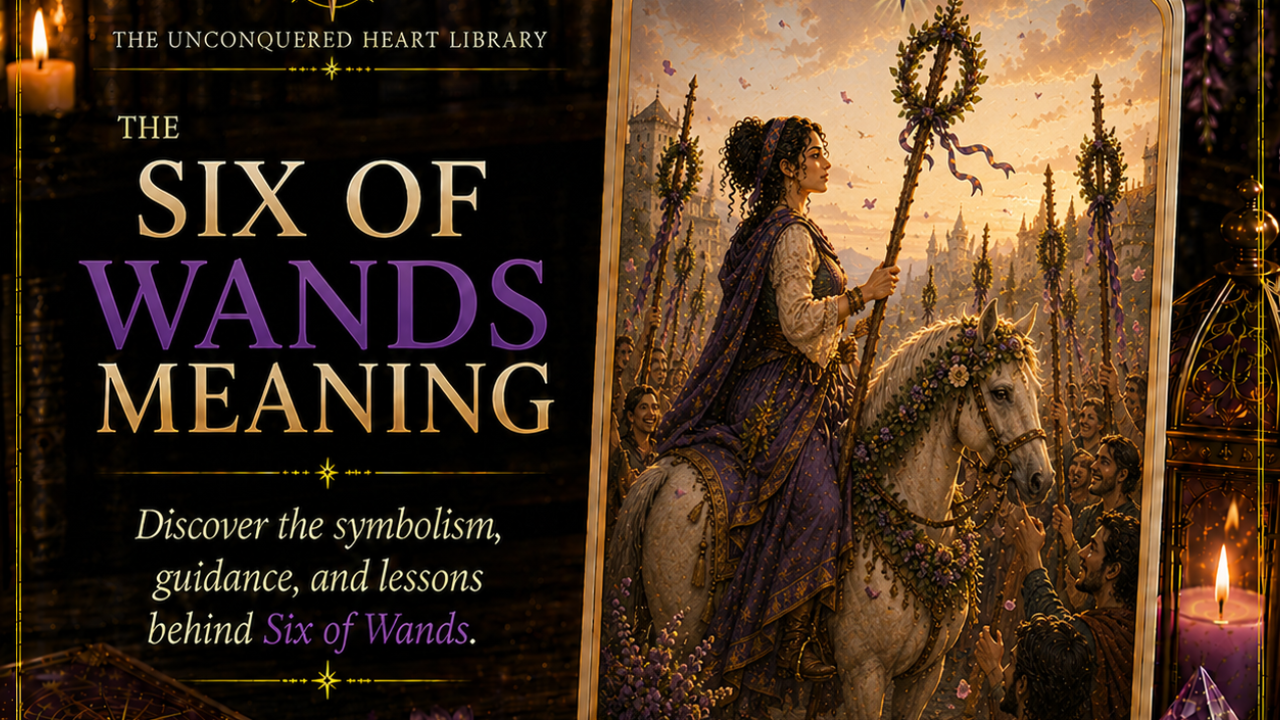 Six of Wands Tarot Card Meaning featuring the card from the Unconquered Heart Tarot. Card is fully described in the article.