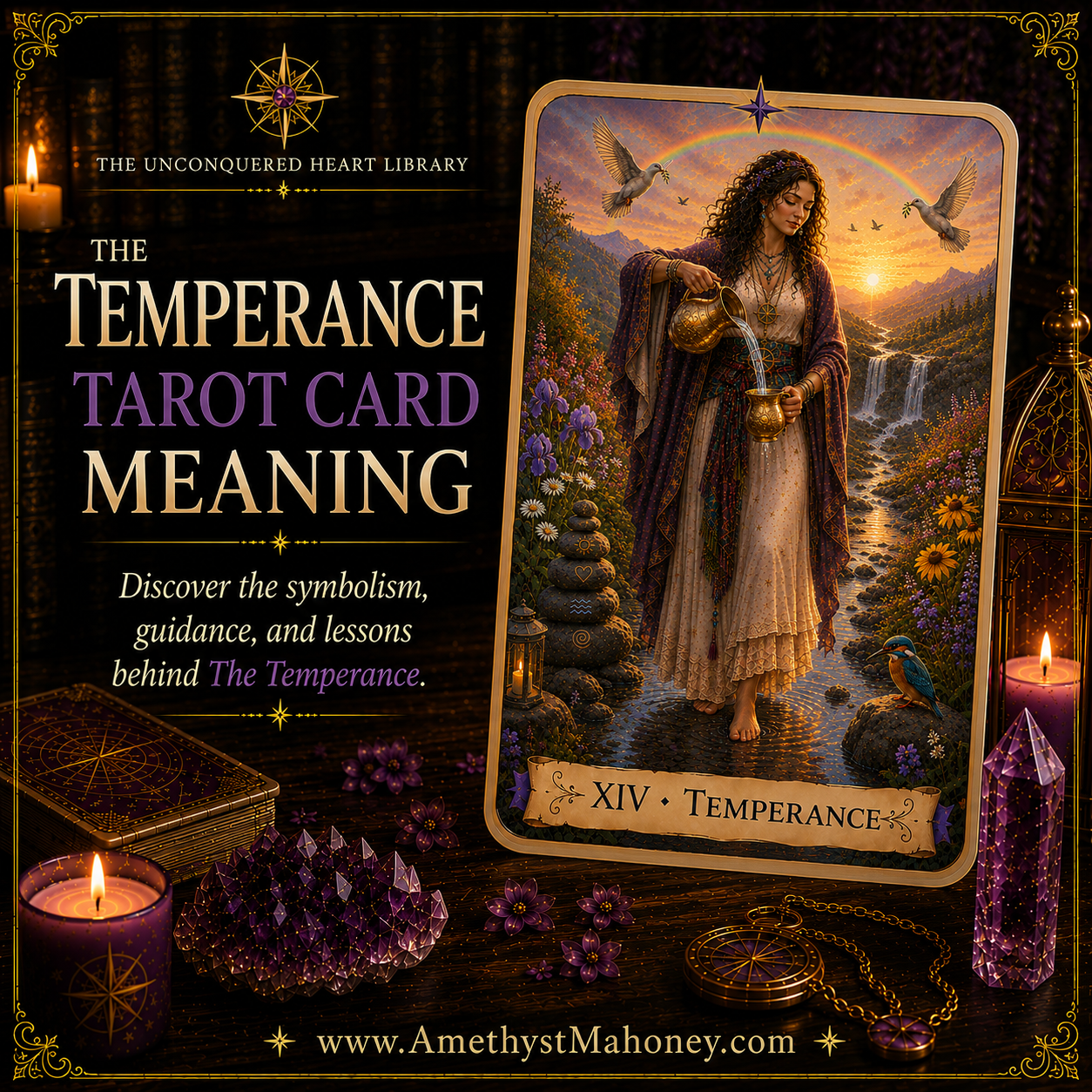 Temperance Tarot Card Meaning, featuring Temperance from The Unconquered Heart Tarot. Follow this image to read the article, including a full description of the card.