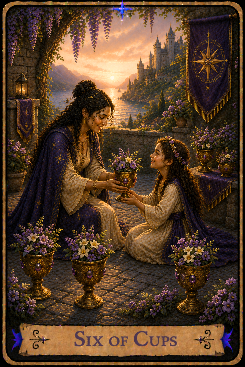Six of Cups Tarot Card featuring the card from the Unconquered Heart Tarot. Follow this link for the full card description and meaning.