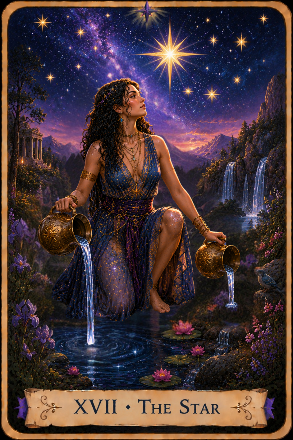 The Star from The Unconquered Heart Tarot depicts a woman kneeling beside a pool beneath a star-filled night sky. She wears a flowing blue dress with gold details and pours water from two golden pitchers, one into the pool and the other onto the rocky ground. Pink water lilies float nearby, and a small bird perches on a rock. A large golden star shines above her among several smaller stars and a band of purple stars across the sky. Mountains, waterfalls, flowers, and a columned structure appear in the background.
