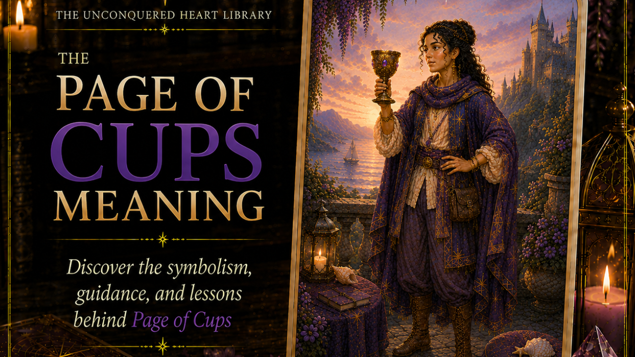 Page of Cups Tarot Card Meaning featuring the card from the Unconquered Heart Tarot. Card is fully described in the article.
