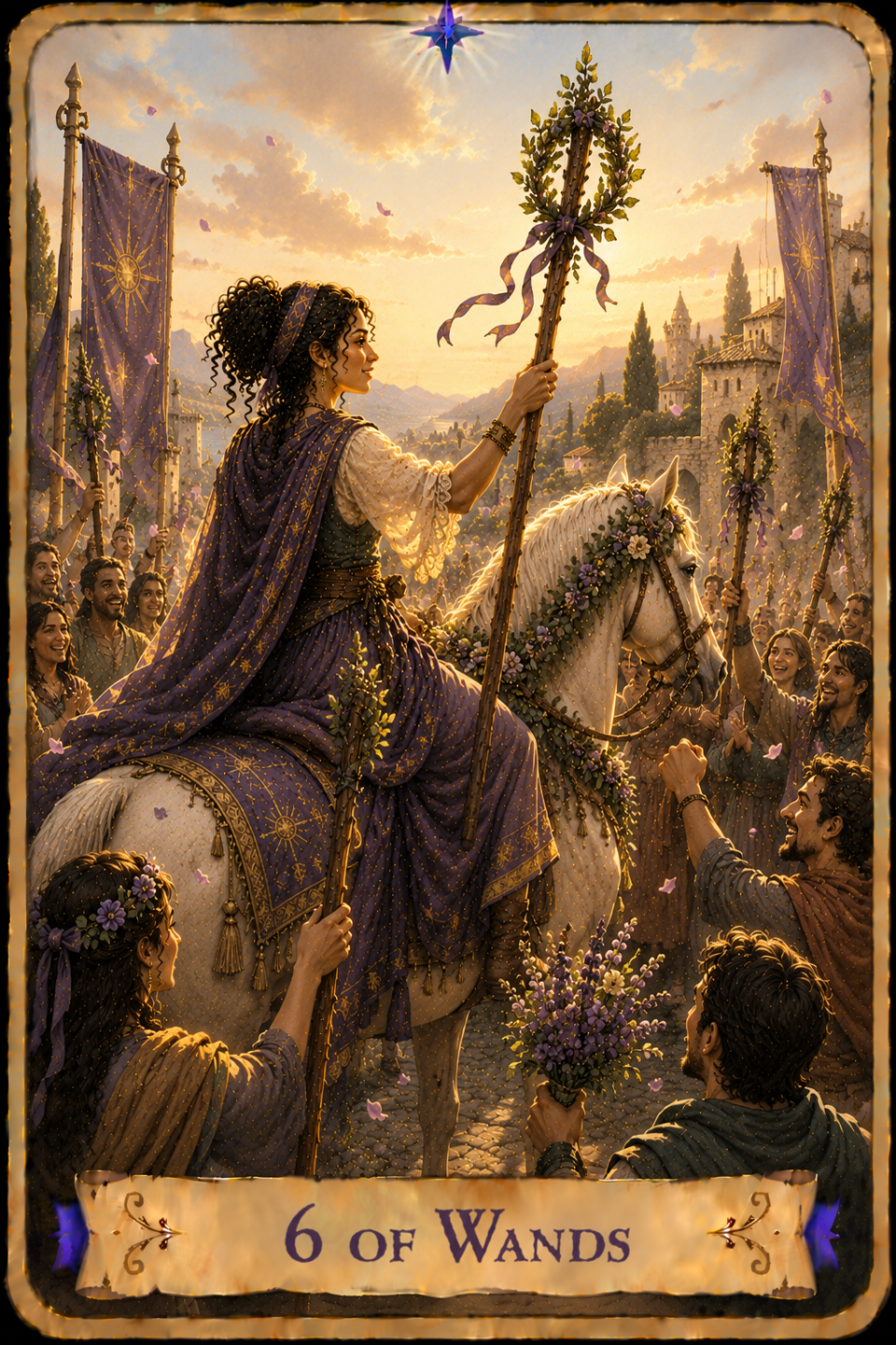6 of Wands Tarot card showing a woman with long curly dark hair riding a white horse triumphantly through a cheering crowd beneath a warm golden afternoon sky. She wears a green gown with flowing cream-colored sleeves beneath a purple embroidered cloak and raises a tall wooden wand decorated with a leafy wreath and purple ribbons. The horse is adorned with garlands of purple and cream flowers, while people lining the street smile, raise decorated wooden wands, hold bouquets of purple flowers, and celebrate as flower petals drift through the air. Purple banners hang above the crowd, with stone buildings, towers, and distant mountains framing the village. The scene is filled with warm light, flowering decorations, and a festive atmosphere.