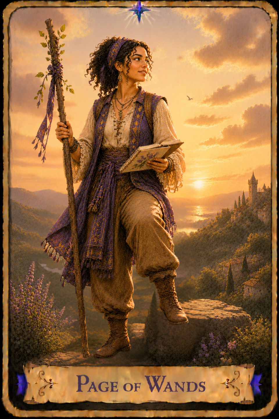 Page of Wands Tarot card showing a young woman with long curly dark hair stepping confidently along a stone path beneath a warm golden afternoon sky. She wears loose tan trousers, a cream-colored lace-up blouse, sturdy boots, and a flowing purple embroidered vest and scarf. She smiles as she looks toward the distance while carrying a tall wooden wand decorated with purple ribbons and fresh green leaves in one hand and an open notebook in the other. Rolling hills, a winding river, a distant castle overlooking the sea, and a small village stretch across the landscape behind her. Purple wildflowers bloom along the path, and a bird soars overhead as the late afternoon sun bathes the scene in golden light.
