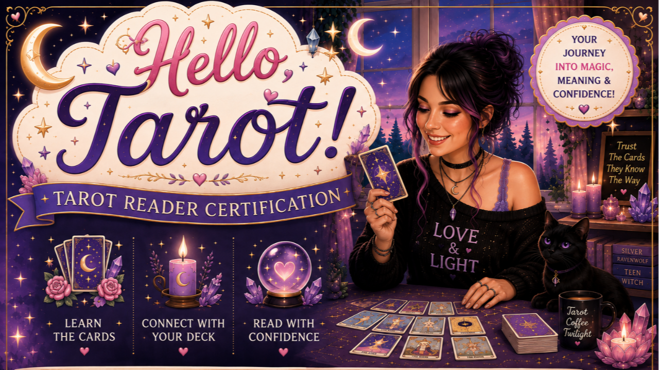 Hello Tarot course cover. A woman holding a Tarot card surrounded by crystals. A black cat sits beside her. Follow this image to learn more about our foundational Tarot course.